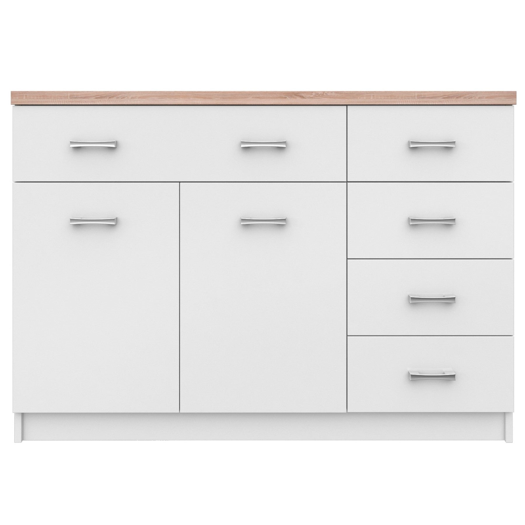 Comoda TOP MIX, cu 2 usi si 5 sertare, alb/stejar sonoma, 120x33x85 cm