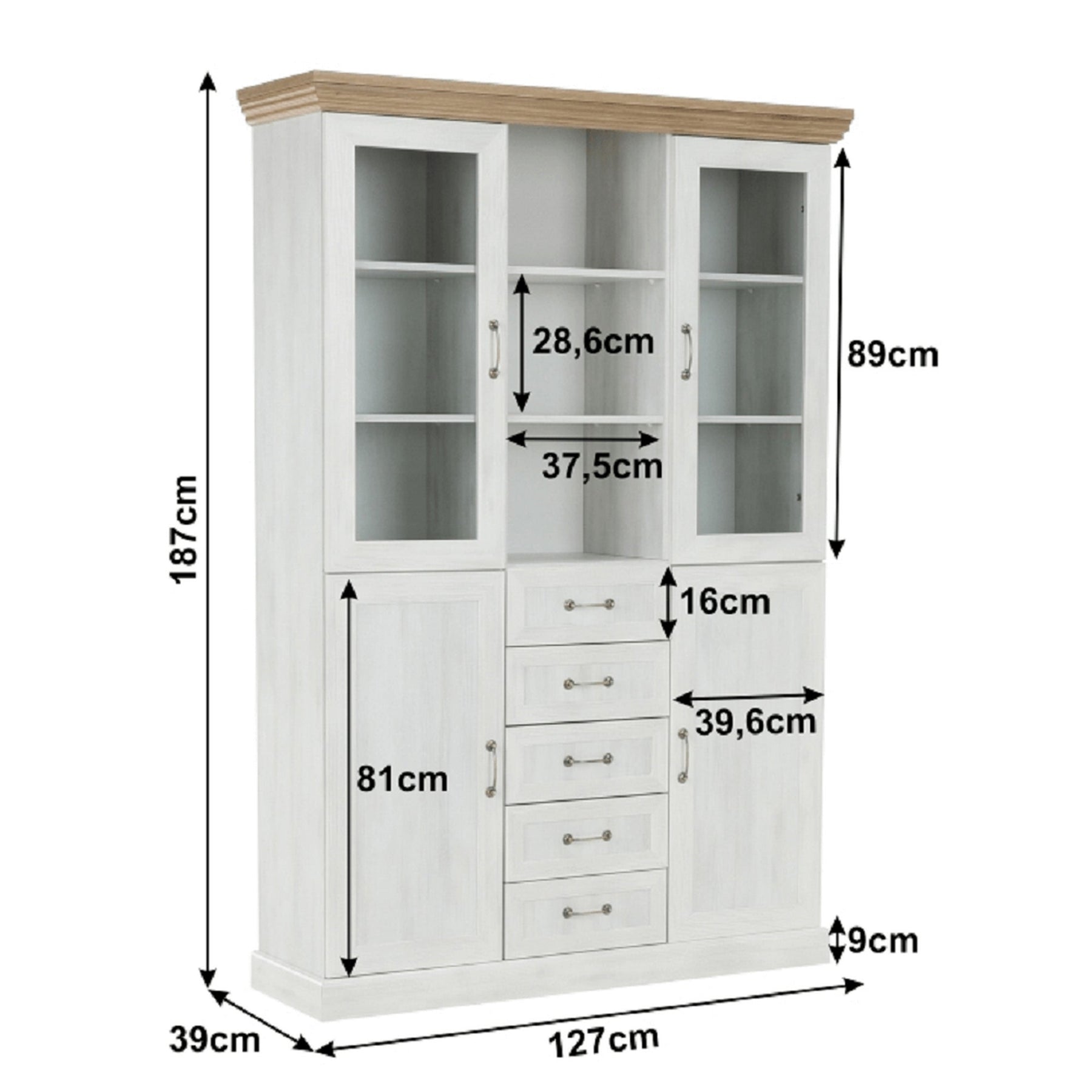 Vitrina living ROYAL W2D, PAL melaminat, pin nordic/stejar salbatic, 127x39x187 cm